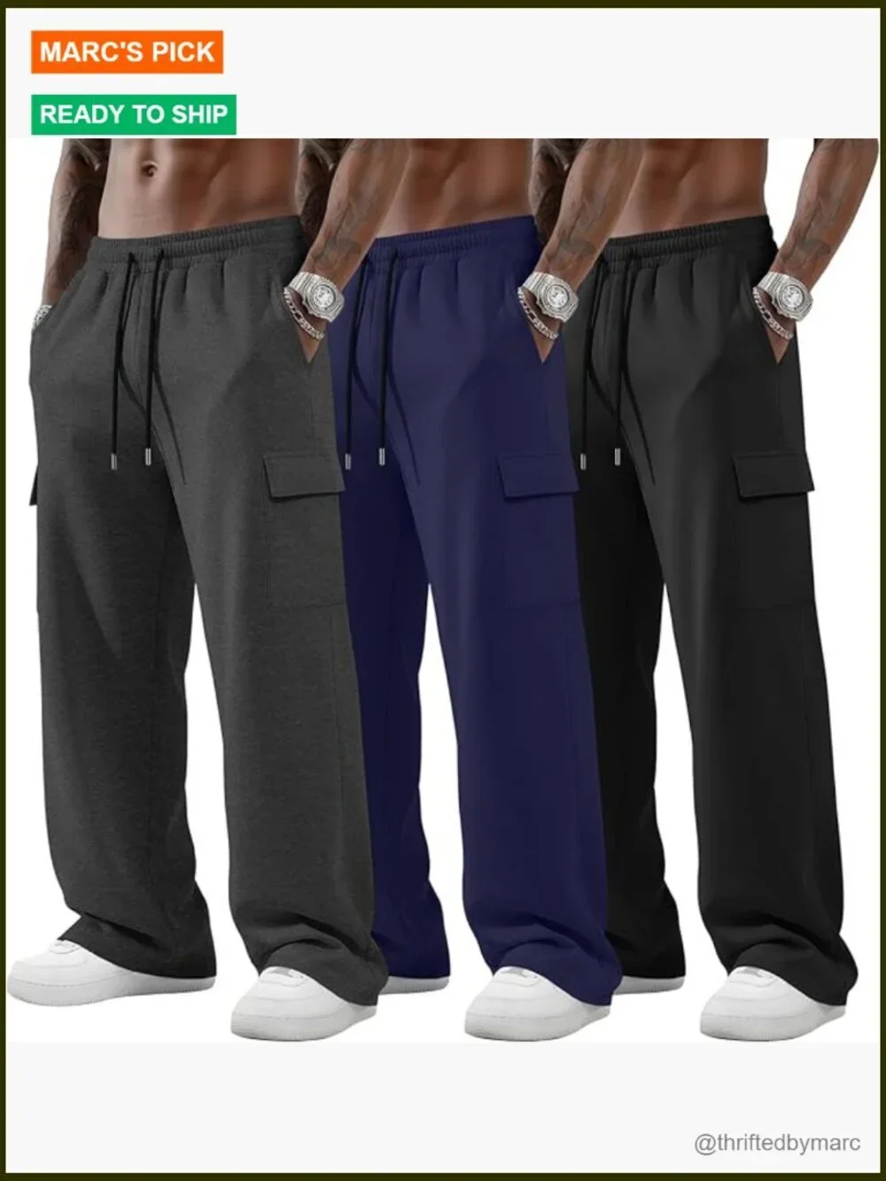 3 Pack Men's Big and Tall Cargo Sweatpants Baggy Straight Leg Drawstring